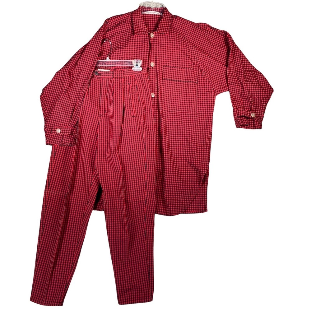 Vintage Esprit Sport Red Black Gingham Pajama Set Top Pants Size M